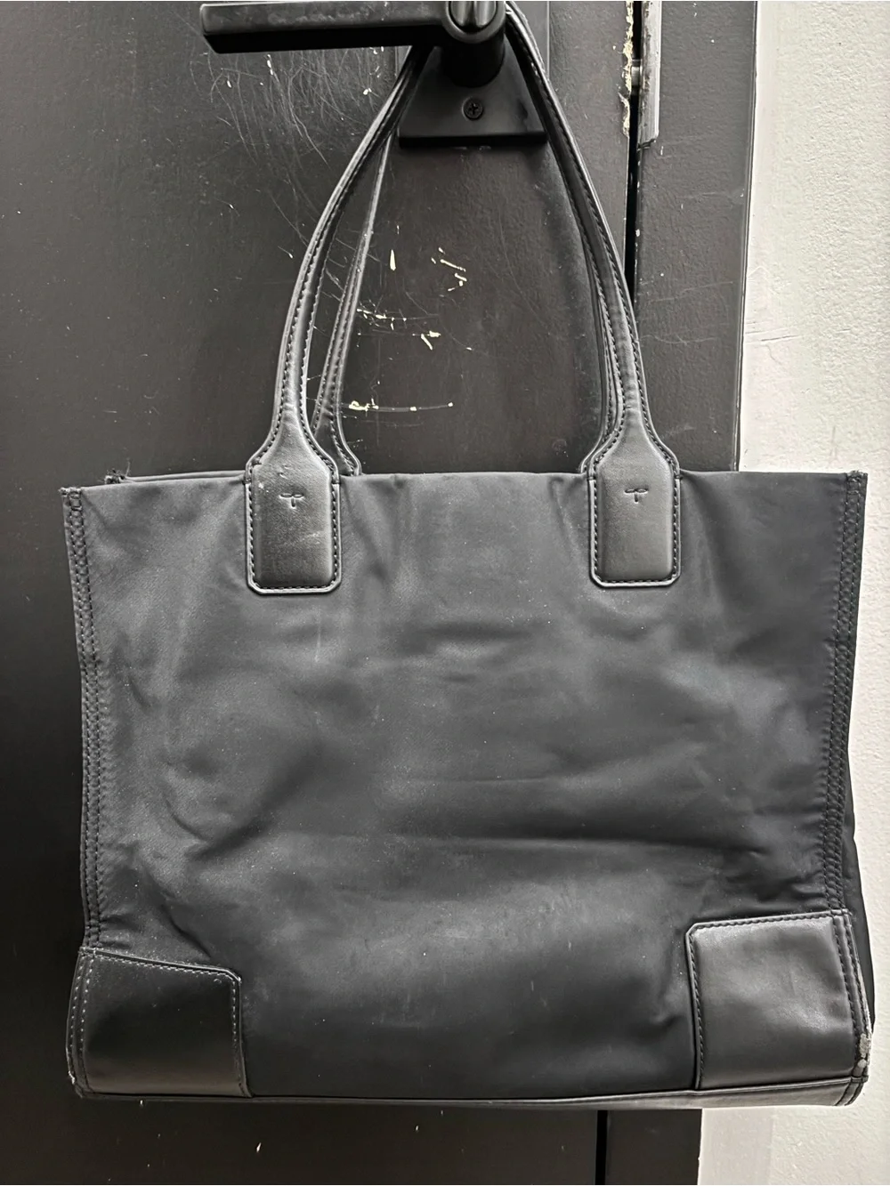 Tory Burch Black Nylon Logo Tote with Leather Trim